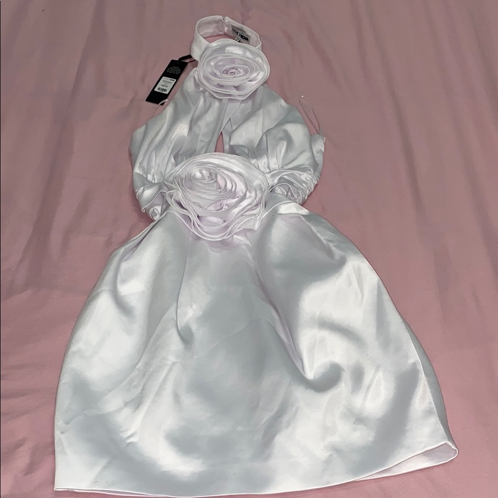 Elegant White Satin Dress with Floral Accents
